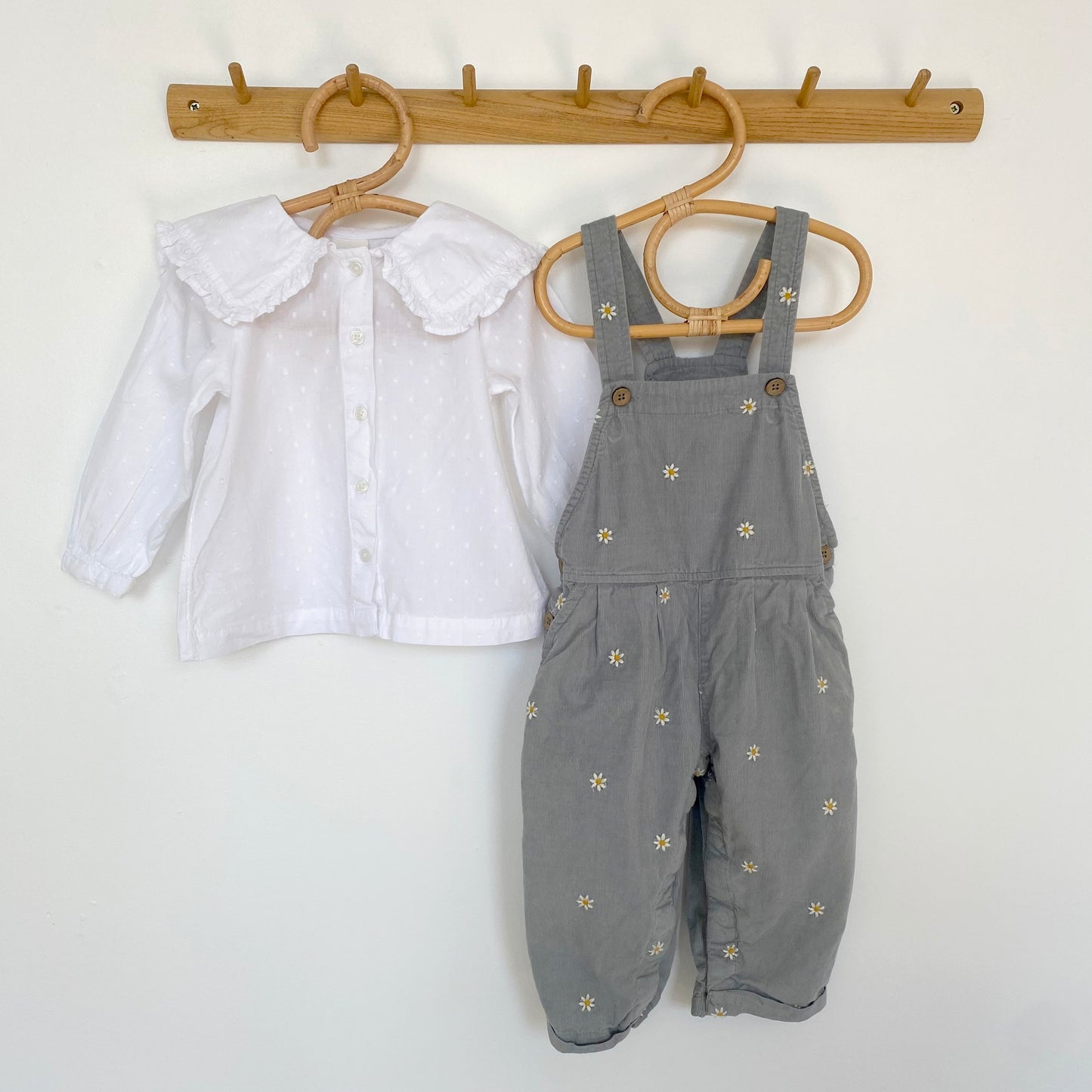 12-18M Next sage green daisy embroidered dungarees and white collared blouse set