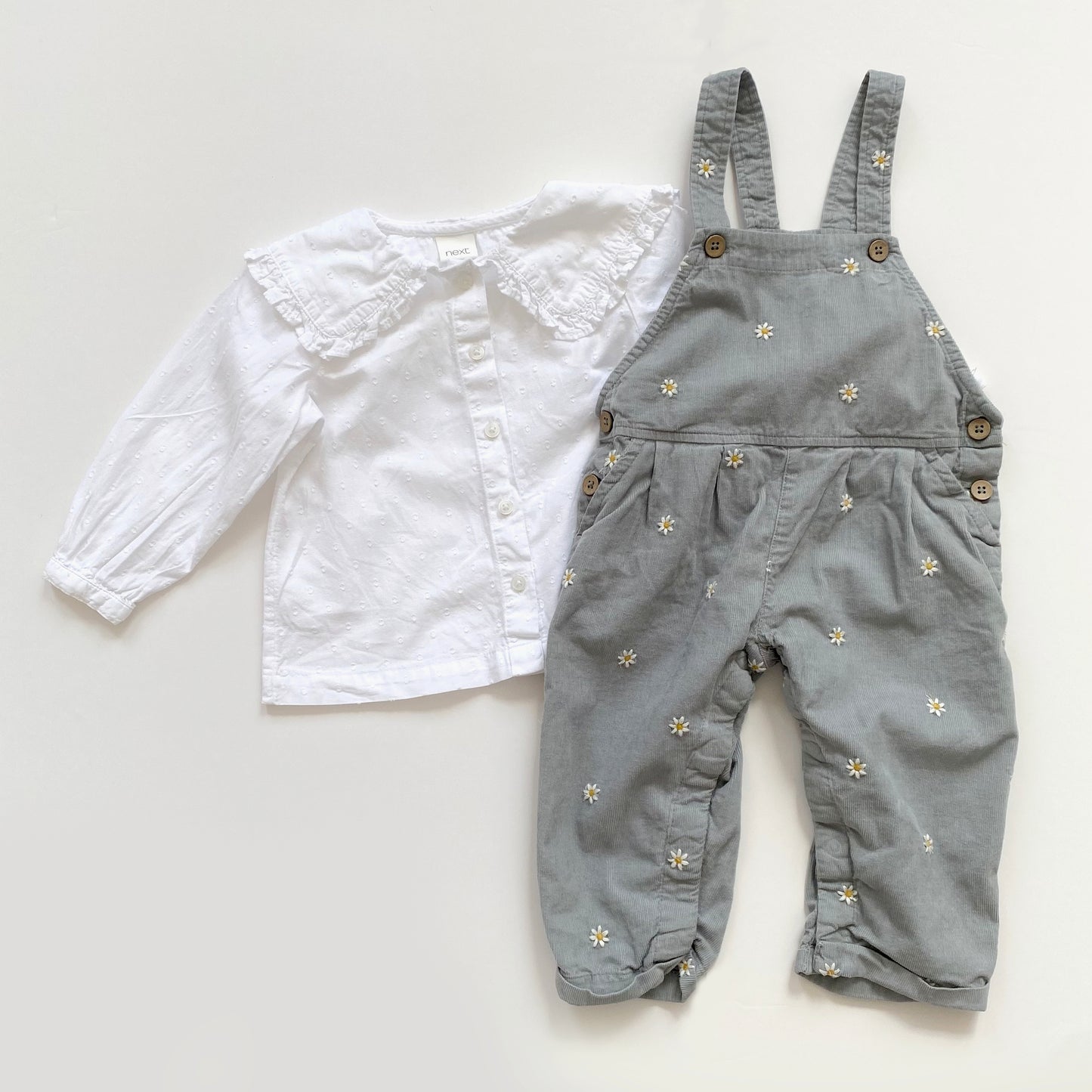 12-18M Next sage green daisy embroidered dungarees and white collared blouse set