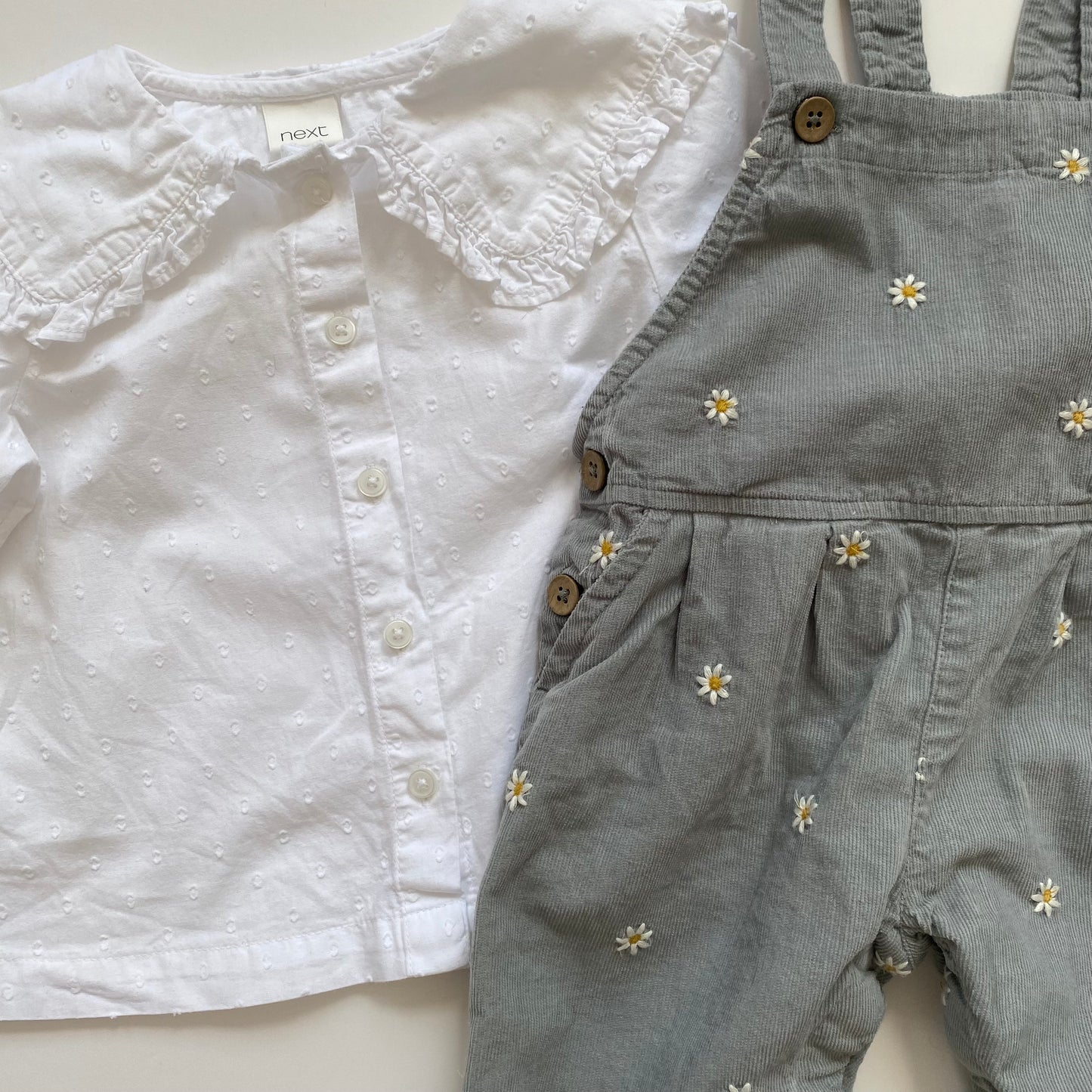 12-18M Next sage green daisy embroidered dungarees and white collared blouse set