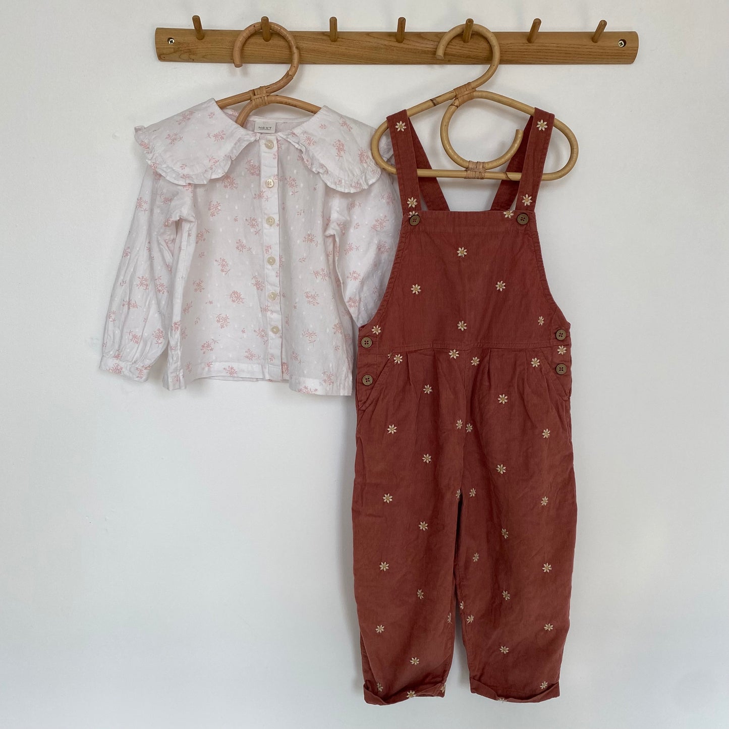 3-4Y Next embroidered dusky red dungarees and floral collared blouse set