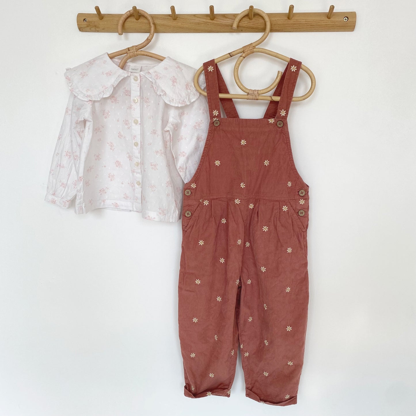 3-4Y Next embroidered dusky red dungarees and floral collared blouse set