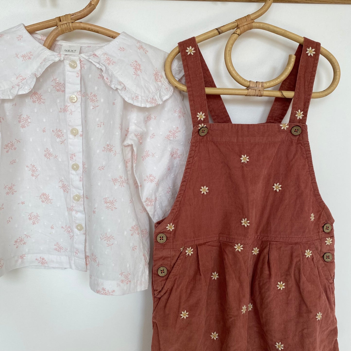 3-4Y Next embroidered dusky red dungarees and floral collared blouse set