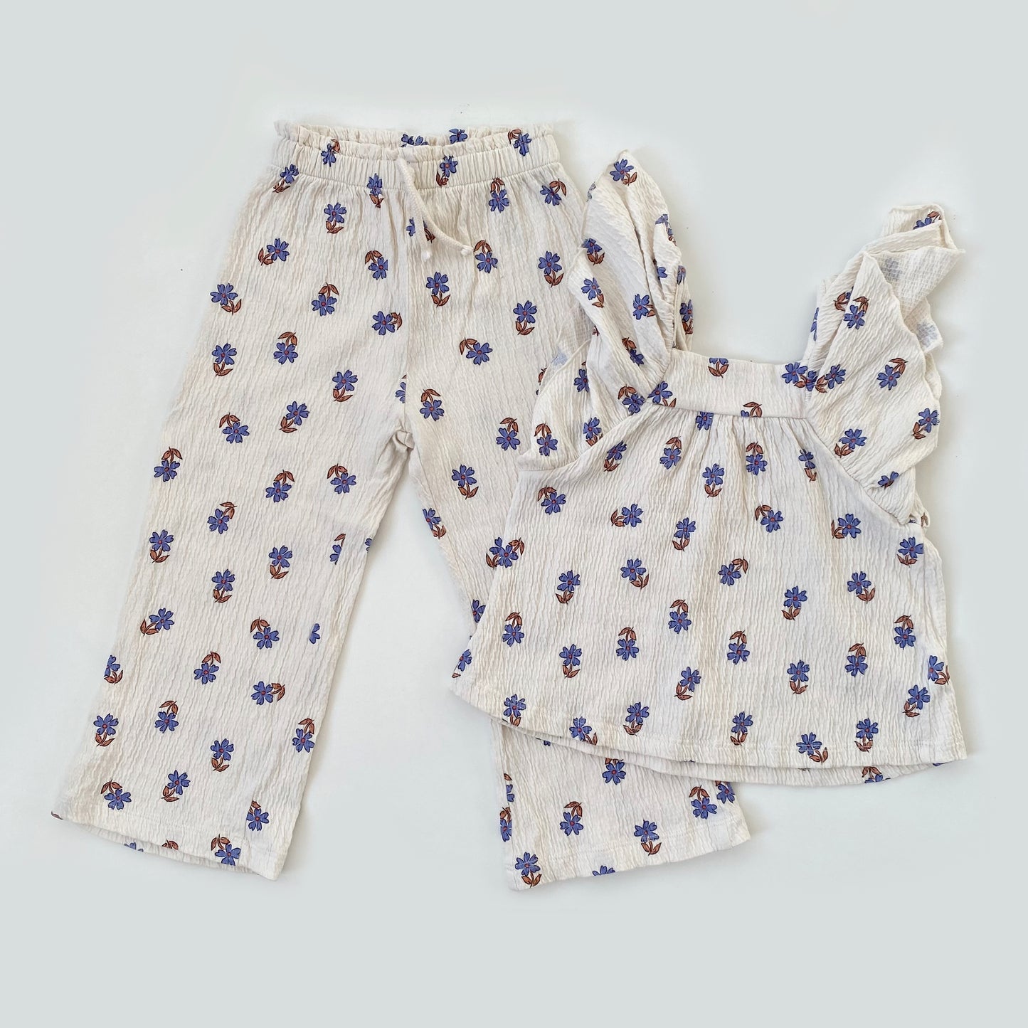 3-4Y Zara cream blue floral wide leg trousers and frill top set