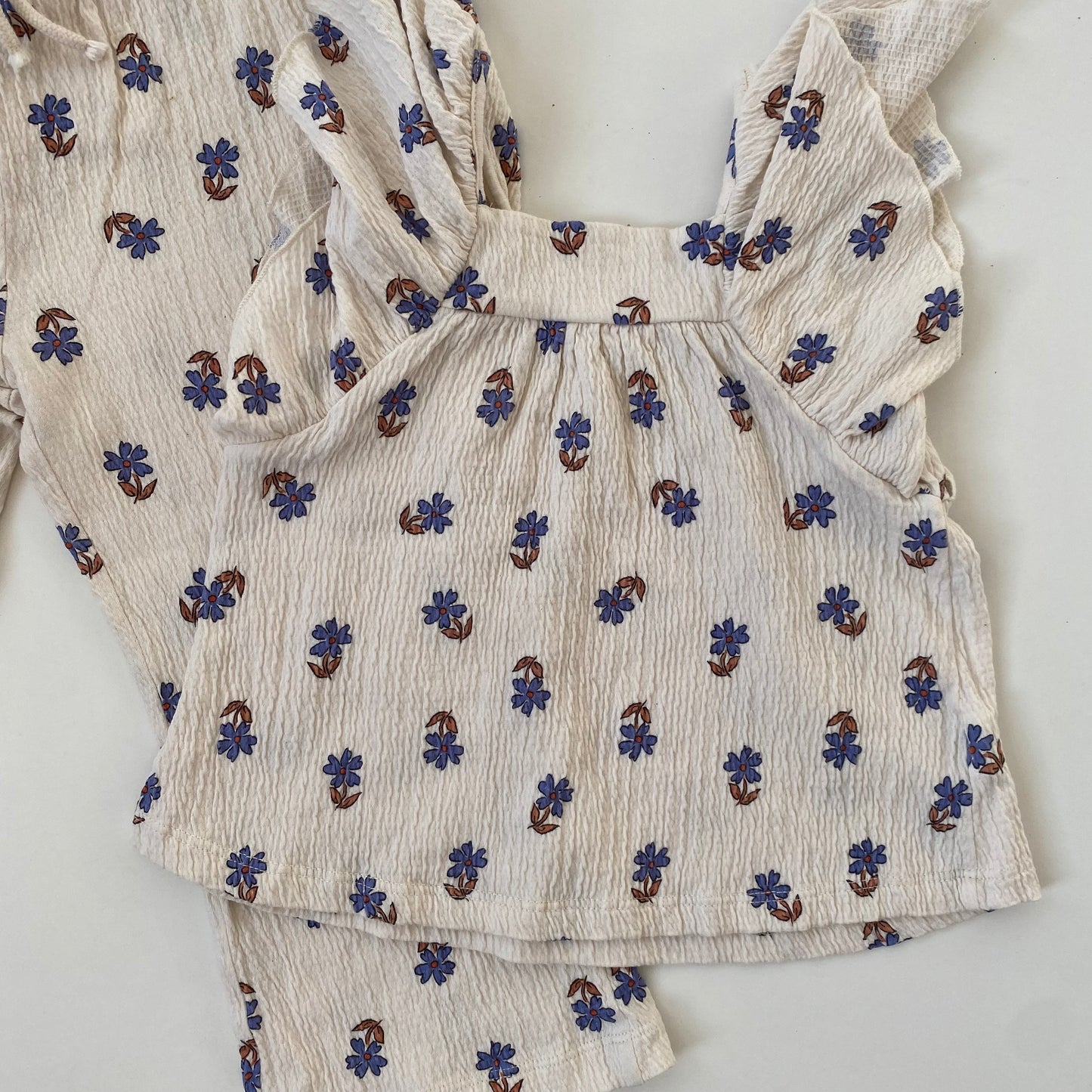 3-4Y Zara cream blue floral wide leg trousers and frill top set