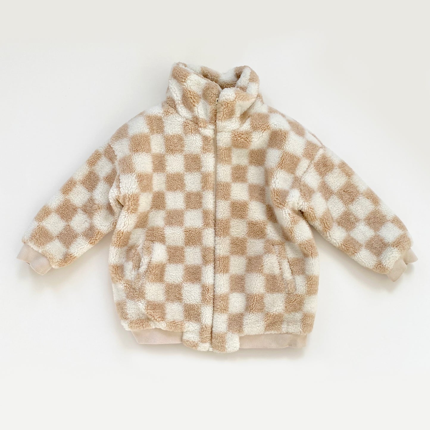 7-8Y Hunter + Rose beige checkerboard teddy fleece