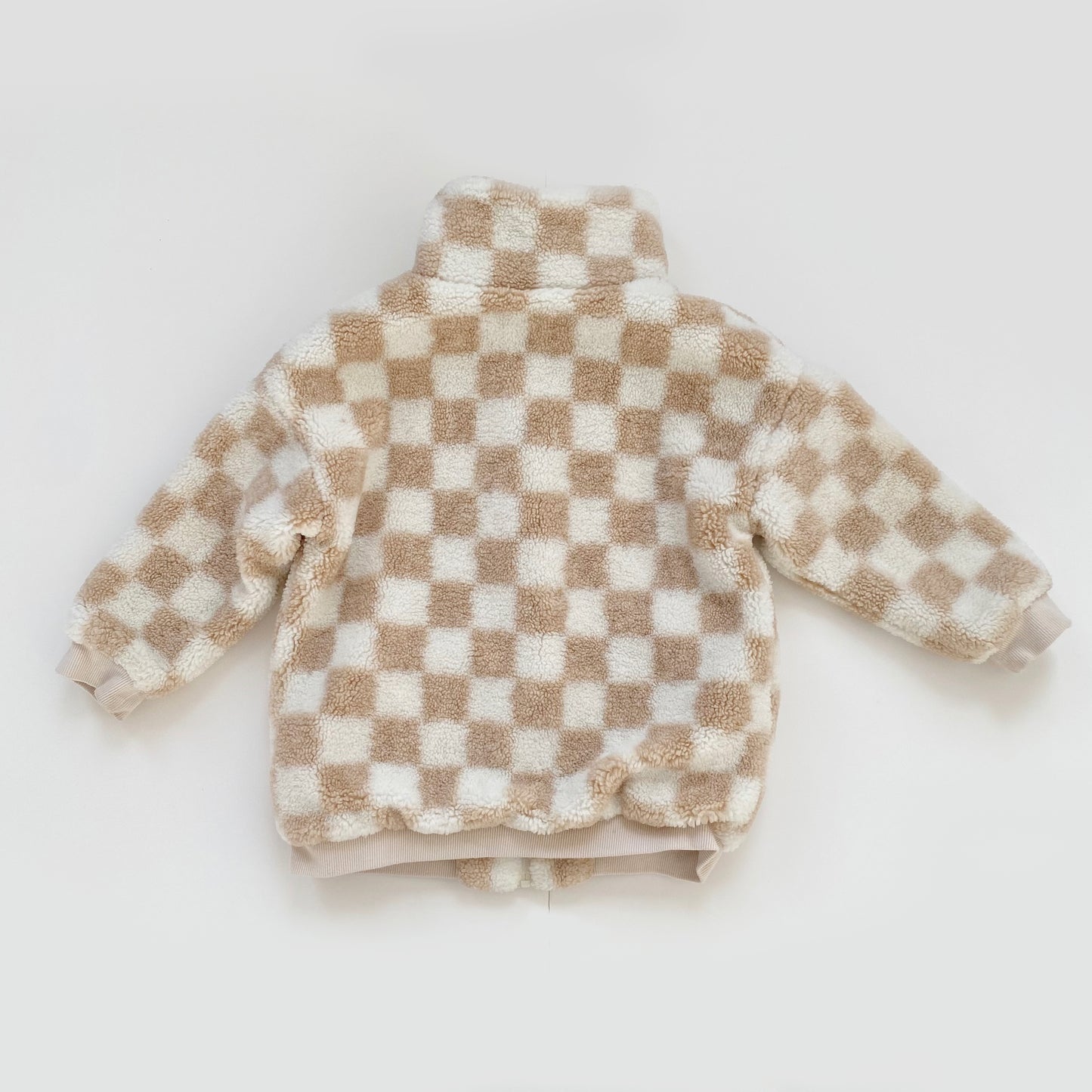 7-8Y Hunter + Rose beige checkerboard teddy fleece