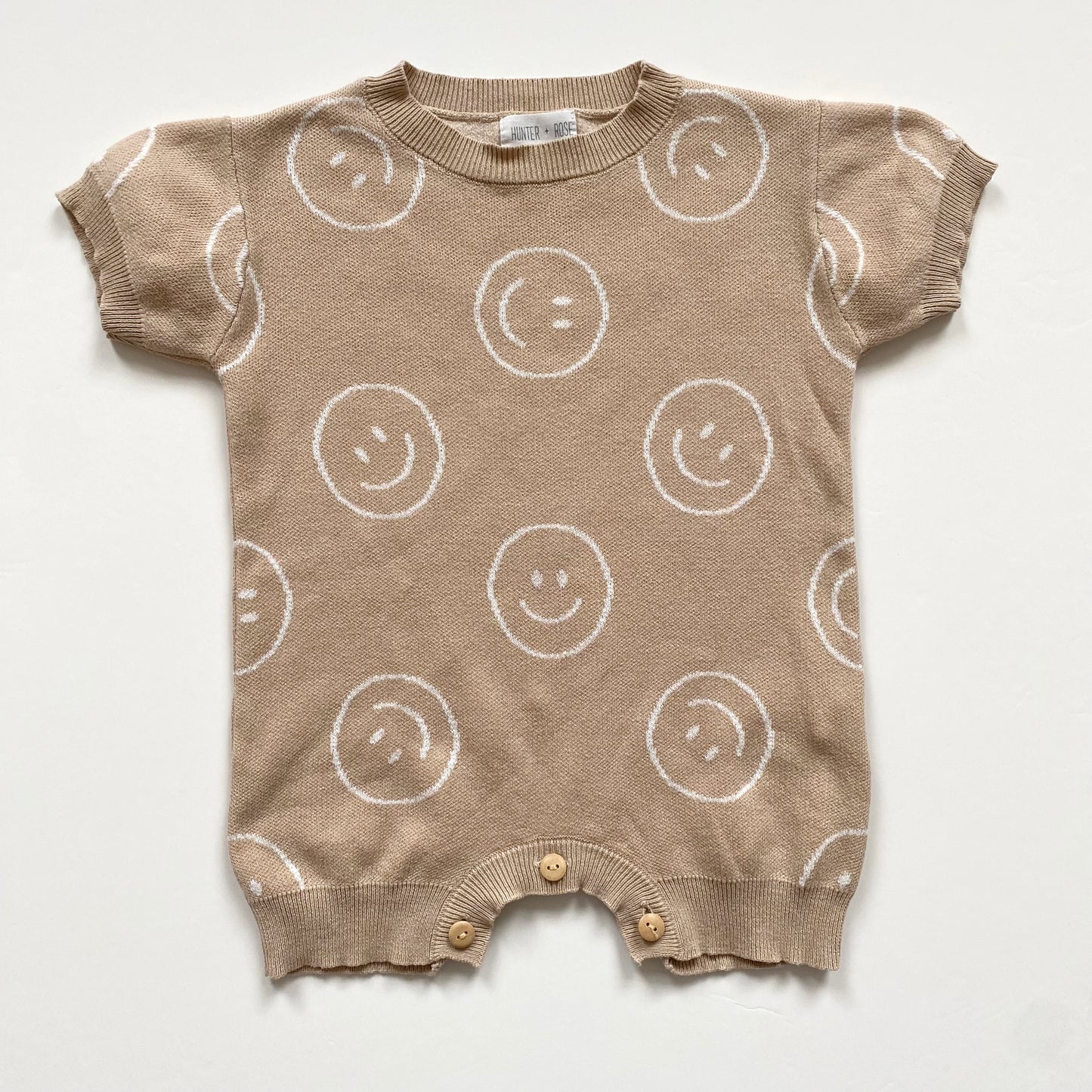 6-12M Hunter + Rose beige smiley face knitted romper