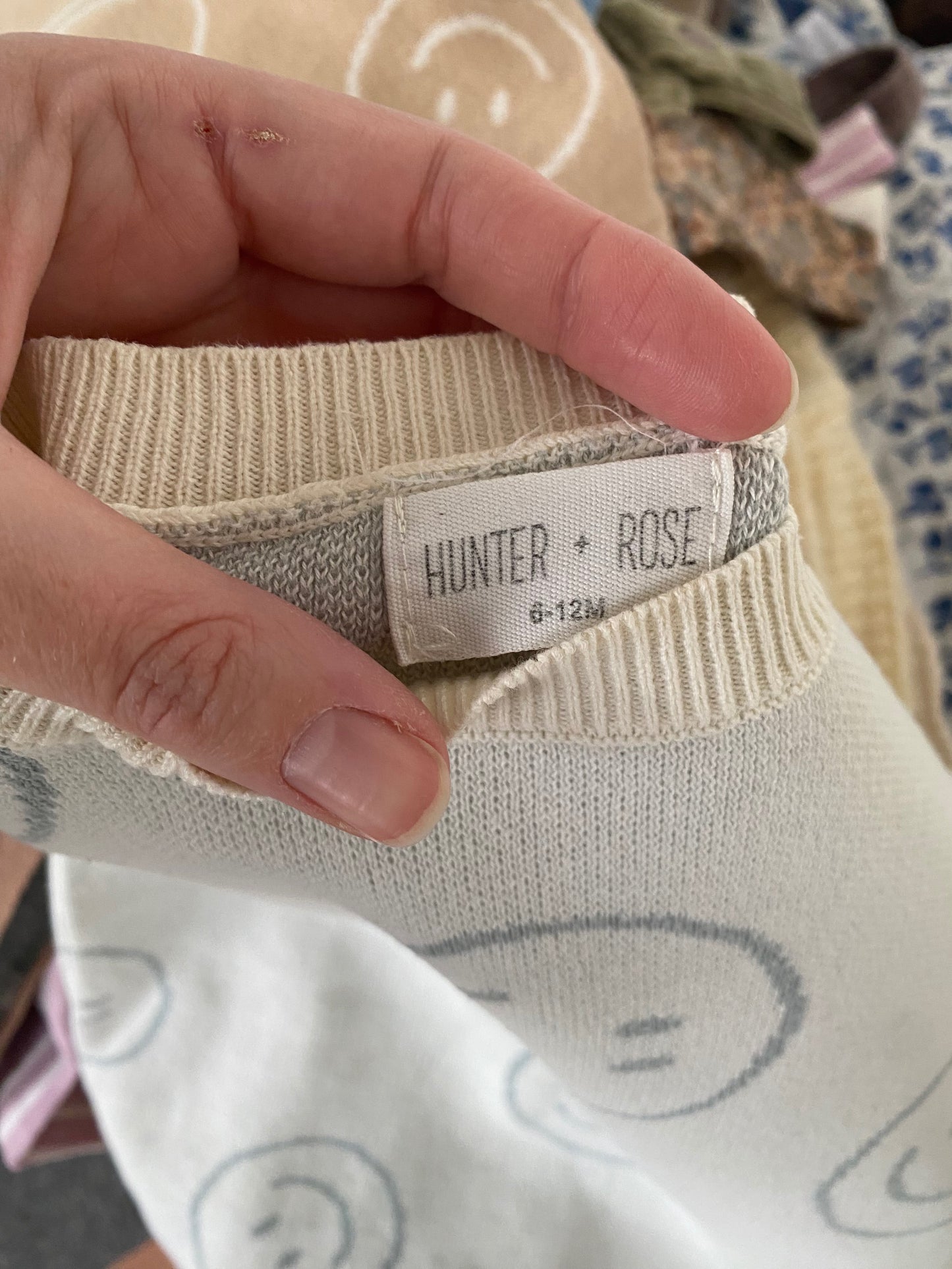 6-12M Hunter + Rose cream smiley face knitted romper