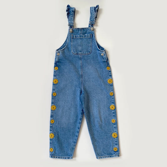 4-5Y Zara embroidered sunflower blue denim dungarees