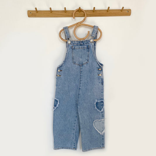 2-3Y Zara blue heart fray wide leg denim dungarees