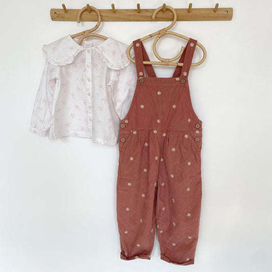 3-4Y Next embroidered dusky red dungarees and floral collared blouse set