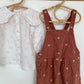 3-4Y Next embroidered dusky red dungarees and floral collared blouse set