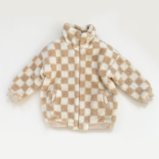 7-8Y Hunter + Rose beige checkerboard teddy fleece